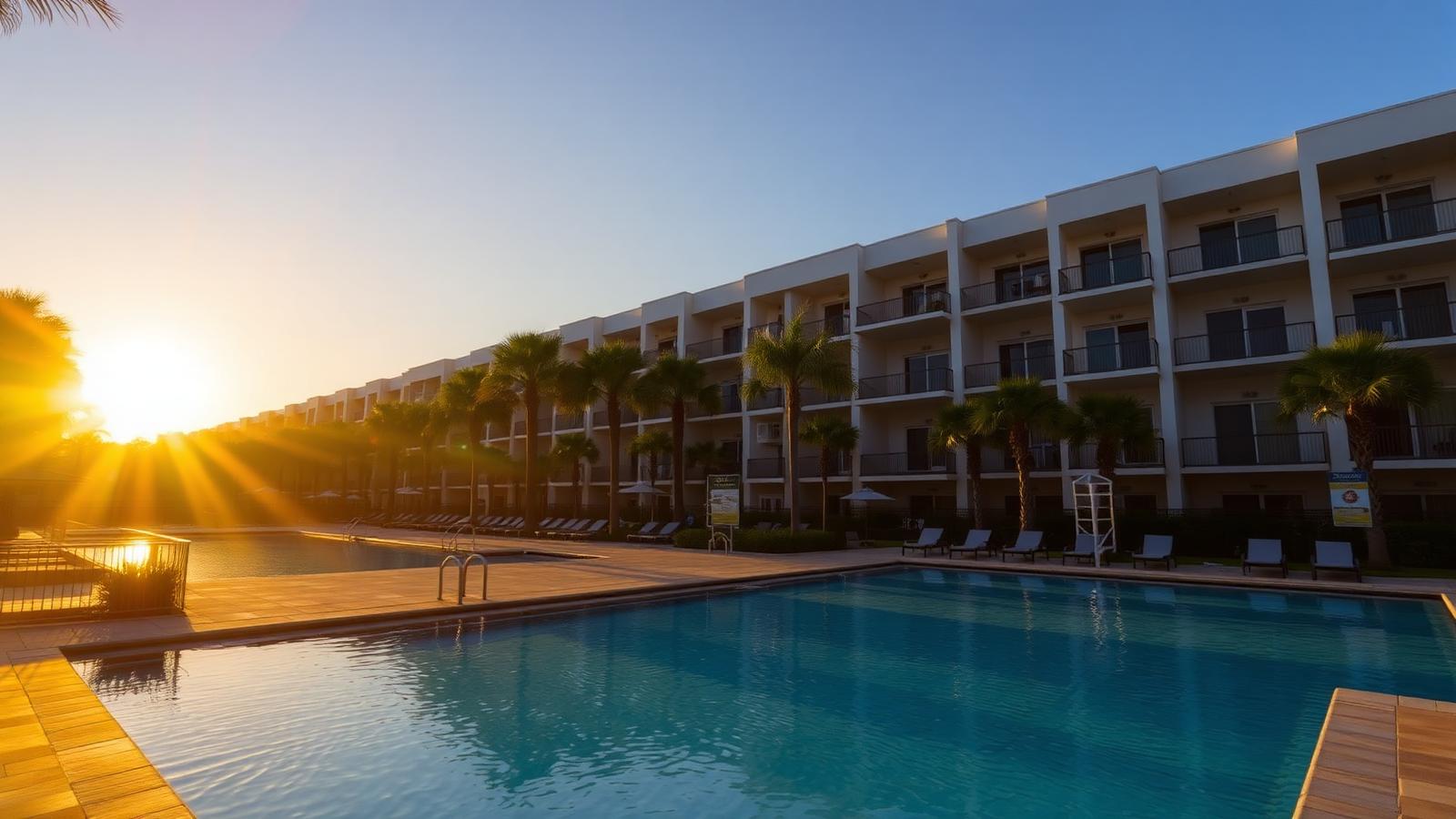 Complejo de apartamentos en Orlando con piscina al atardecer